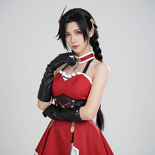 Photorealistic digital artwork of an Asian woman with long black hair in a braid, wearing a red strapless dress, black gloves, and a