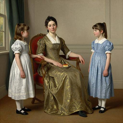 Victorian-style painting of a dark-haired woman in ornate green dress, seated with two young girls in white and blue dresses, in a sunlit