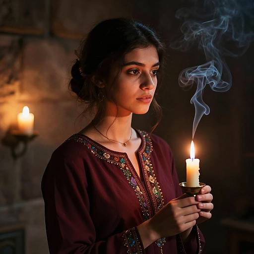 Photograph of a young woman with dark hair, wearing an embroidered maroon blouse, holding a lit candle, surrounded by soft candlelight and smoke,