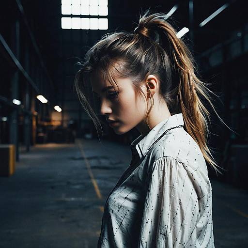 Fashion Model with Messy Ponytail in Industrial Warehouse