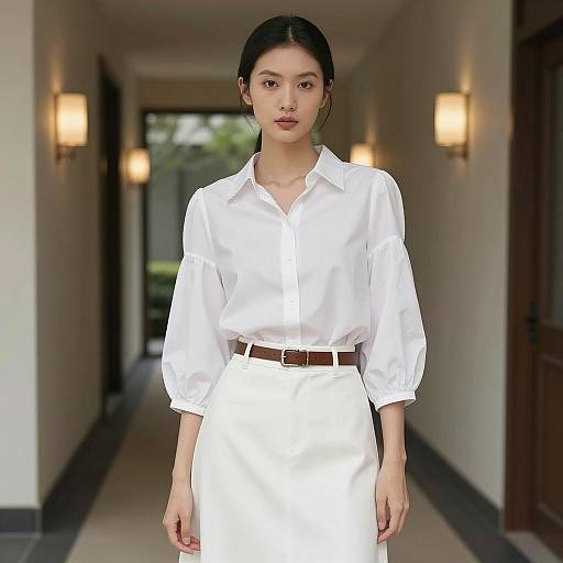 Elegant White Skirt Set in Symmetrical Corridor
