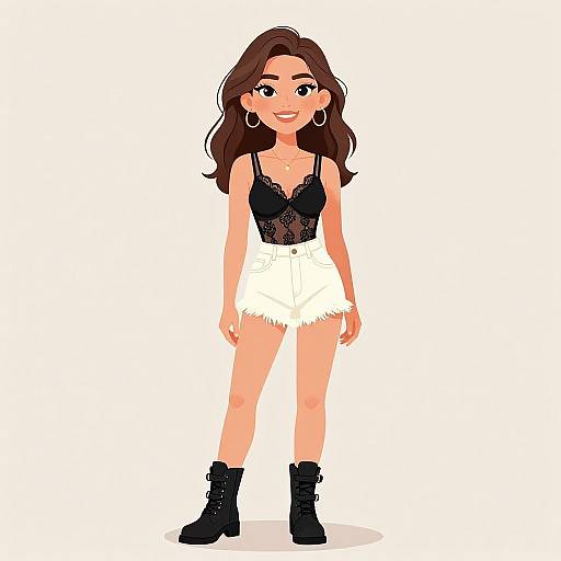 Digital illustration of a smiling woman with long brown hair, wearing a black lace top, white high-waisted shorts, black ankle boots, and hoop