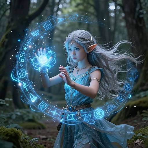 Digital fantasy artwork of a silver-haired elf girl with pointed ears, wearing a blue, patterned dress, conjuring glowing blue magic in a dark,
