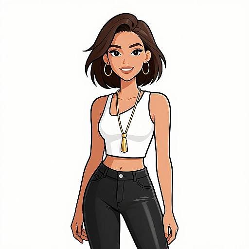 Digital illustration of a smiling woman with short brown hair, wearing a white crop top, black jeans, hoop earrings, and a gold necklace.