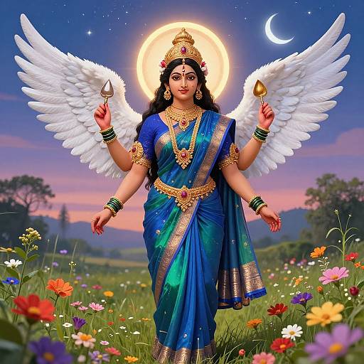 Digital artwork of an angelic Hindu goddess in a blue sari, with white wings, holding chakras, against a twilight meadow.