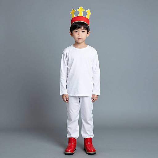 Photograph of an Asian toddler in a white long-sleeve shirt, white pants, and red boots, wearing a red crown with yellow spikes,