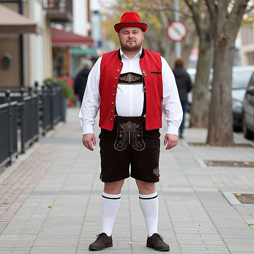 Photograph of a bearded man in traditional Scottish attire: red hat, white shirt, red vest, black shorts, white socks, black shoes,