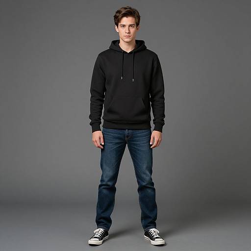 Photograph of a young Caucasian man with short brown hair, wearing a black hooded sweatshirt, blue jeans, and black-and-white sneakers, standing