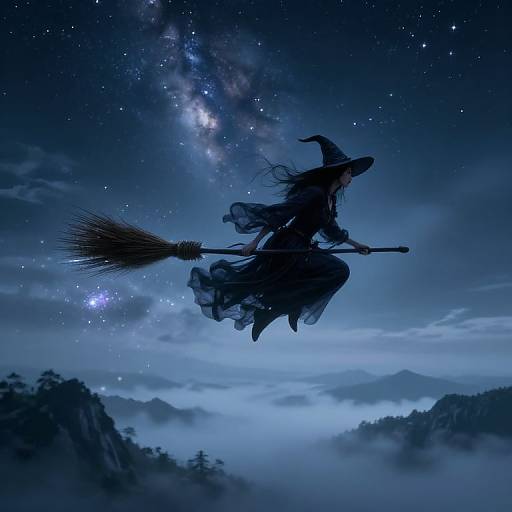 Silhouetted witch flying on broomstick through starry night sky, with Milky Way and misty mountain landscape below. Digital art.