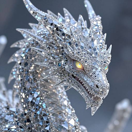 Photorealistic digital artwork of a glittering, silver dragon with sharp crystal scales, glowing yellow eye, and intricate geometric patterns, against a blurred,