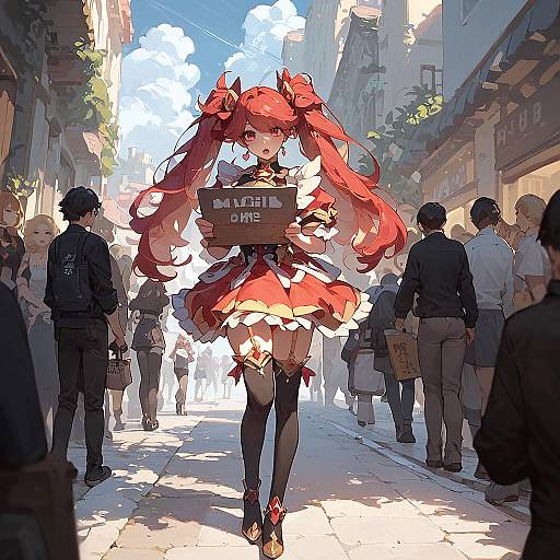 Red Twintails Magical Girl Holding Sign