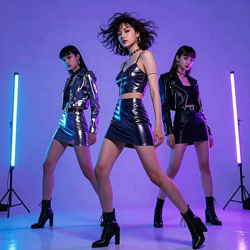 Photograph of three Asian women with black, shiny leather outfits and high-heeled boots, standing in a purple-lit studio with vertical neon lights.