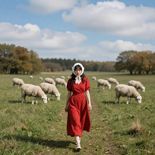 Woman in Red Dress on Pastoral Path