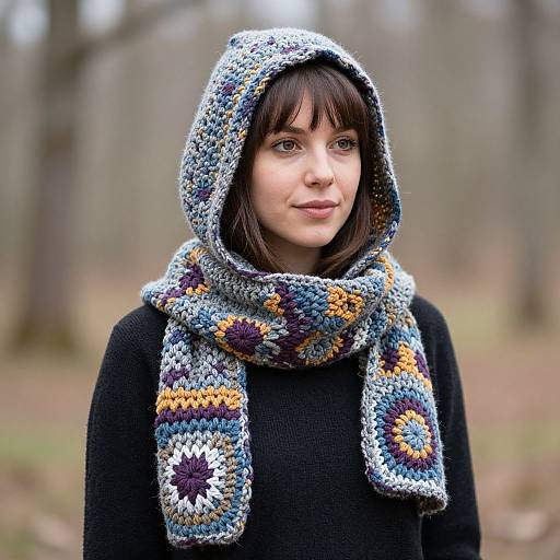 Photograph of a fair-skinned woman with brown hair, wearing a colorful crocheted hood and scarf, black sweater, in a blurred forest background