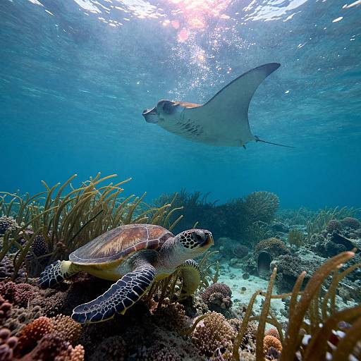 Photograph of a sea turtle and stingray swimming over a vibrant coral reef, with sunlight filtering through the clear blue water.