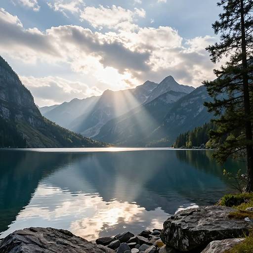 Photograph of a serene mountain lake at sunrise, with sunlight streaming through clouds, casting rays over the calm water and reflecting off rocky foreground and evergreen