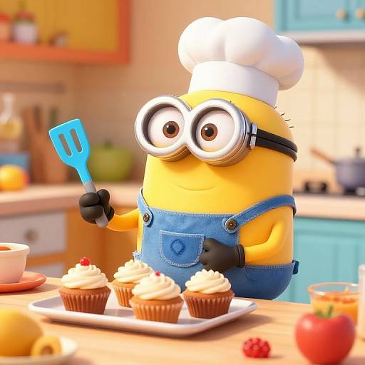 CGI Minion in blue overalls and white chef hat, holding spatula, stands in bright kitchen, with cupcakes and fruit on counter.