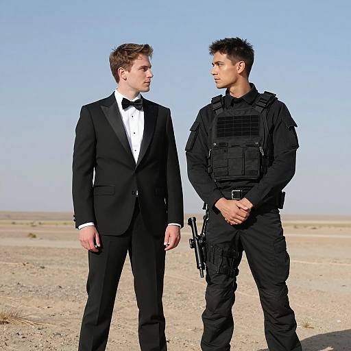 Man in Tuxedo with Tactical Soldier in Desert