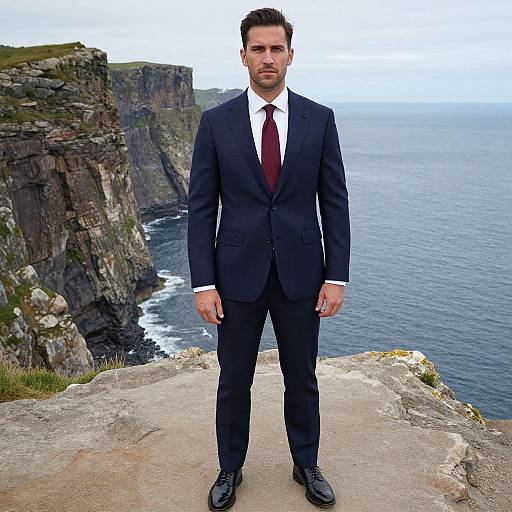 Photograph of a handsome, bearded man in a dark navy suit, white shirt, and red tie standing on a cliff overlooking a rugged coastline and