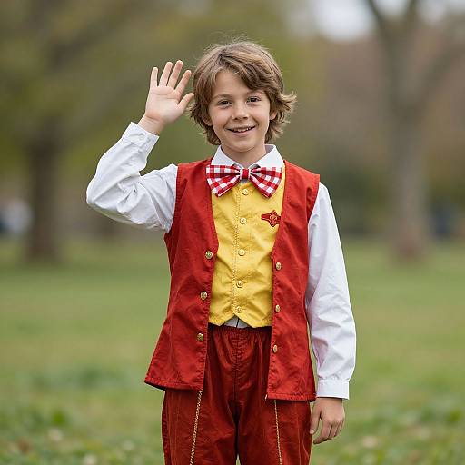 Photograph of a smiling young boy with brown hair, waving, wearing a red vest, yellow waistcoat, white shirt, red pants, and red
