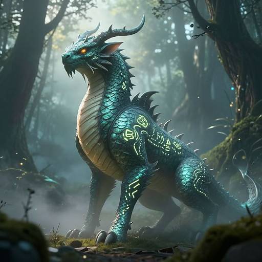 Digital artwork of a glowing, blue-scaled dragon with neon green markings standing in a misty, enchanted forest. Bright eyes, sharp horns, and