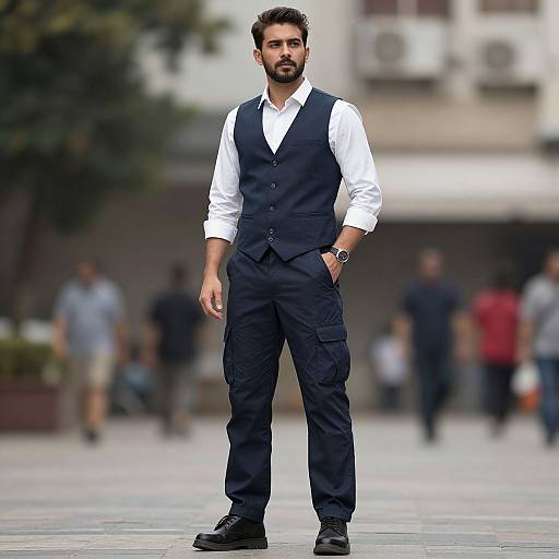 Photograph of a handsome, bearded man with dark hair, wearing a white shirt and navy vest, standing confidently in an urban street with blurred pedestrians