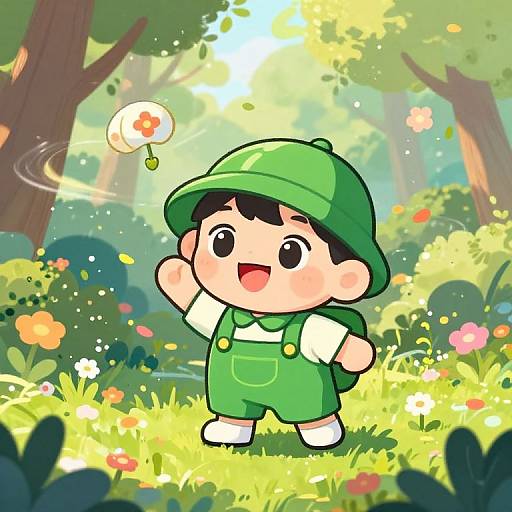 Cartoon boy in green hat and overalls, smiling, pointing at a thought bubble with a flower in sunny forest. Bright, colorful digital art.