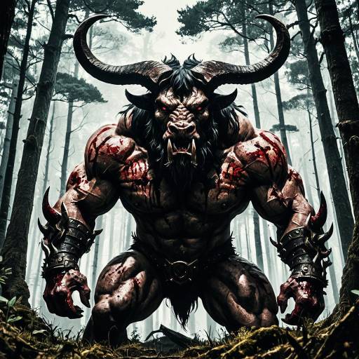 Savage Blood-Stained Minotaur in Forest