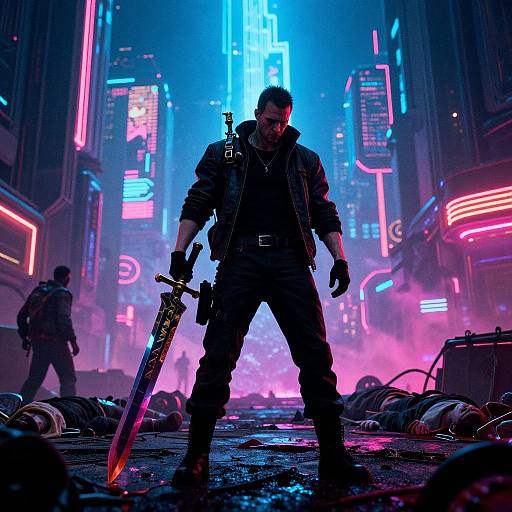 Cyberpunk Lone Warrior in Neon City