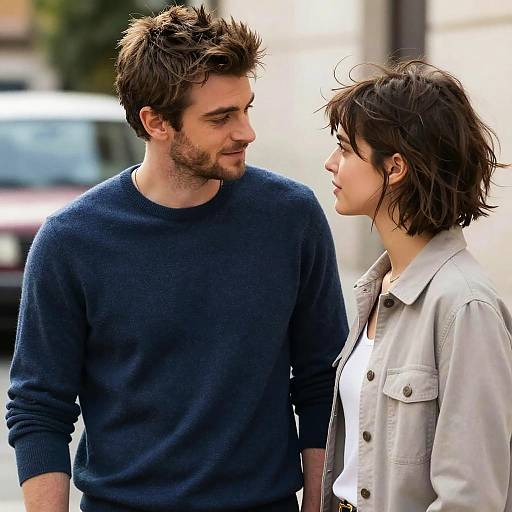 Photograph of a handsome, bearded man in a navy sweater and a young woman with short, dark hair in a light denim jacket, standing close