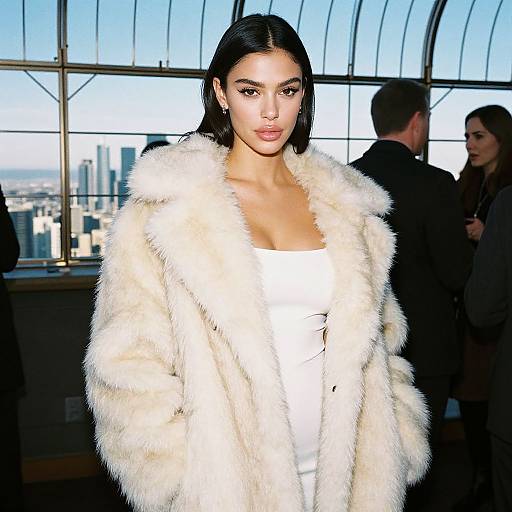 Photograph of a stunning woman with long black hair, wearing a white fur coat and white dress, standing in a sunlit, high-rise cityscape