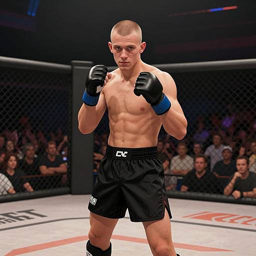 Photograph of a muscular, bald, Caucasian male boxer with a defined six-pack, wearing black shorts and gloves, standing in a dimly-lit