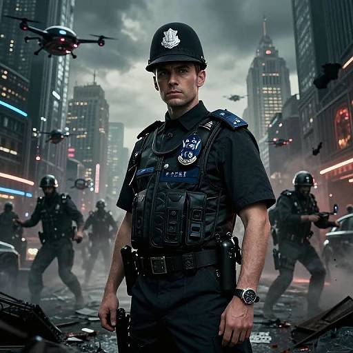 Photograph-style CGI: Serious male police officer in black tactical gear and hat, standing in a chaotic, neon-lit, urban street battle with helicopters