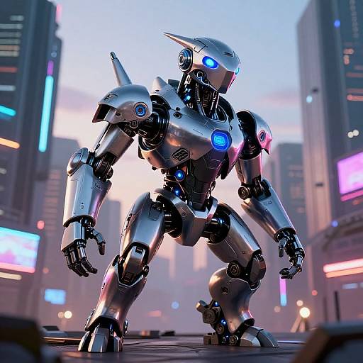CGI image of a futuristic, metallic robot with glowing blue eyes and joints, standing in a neon-lit, cyberpunk cityscape.