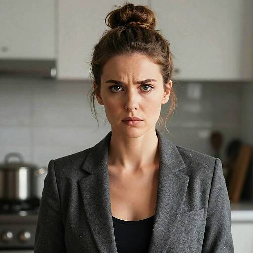 Photograph of a serious-looking woman with brown hair in a bun, wearing a gray blazer over a black top, standing in a modern kitchen with