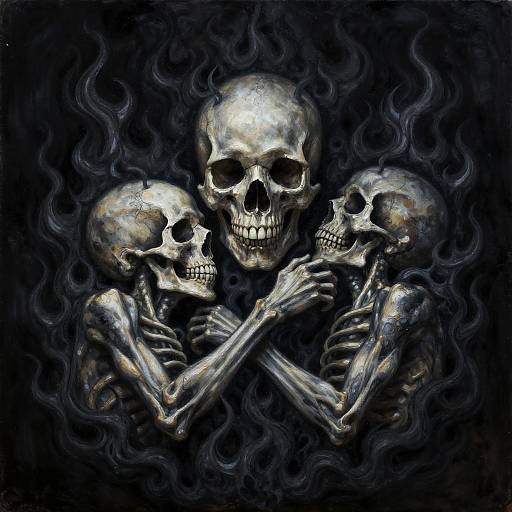 Digital painting of three skeletal figures with glowing white bones, crossing arms, against a dark, smoky background. Their hollow eyes and grinning teeth create