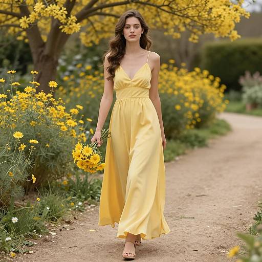 Elegant Mustard Dress in Floral Garden
