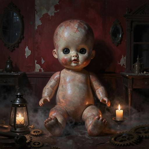 Eerie Porcelain Doll in Gothic Mansion