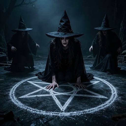 Photograph: Dark, eerie scene with four witches in black robes and hats, crouching around a glowing, pentagram-lit, stone floor