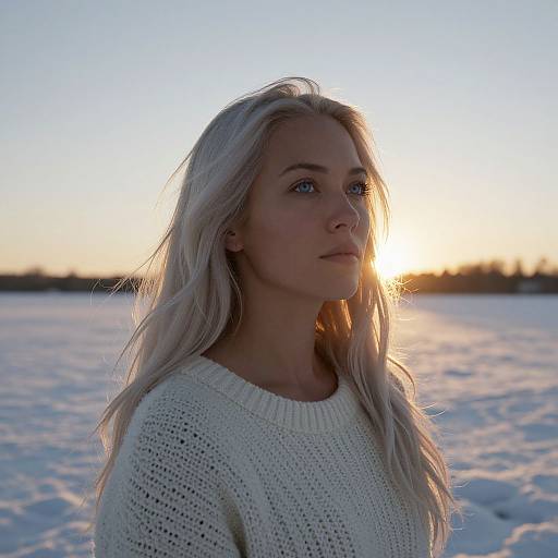 Photograph of a young blonde woman with long hair, wearing a white knitted sweater, standing in a snowy field at sunset.