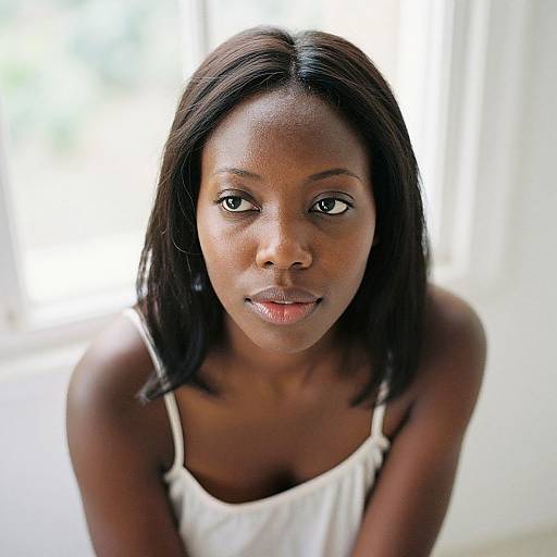 Photograph of a young Black woman with dark brown skin and straight black hair, wearing a white spaghetti-strap top, looking directly at the camera with