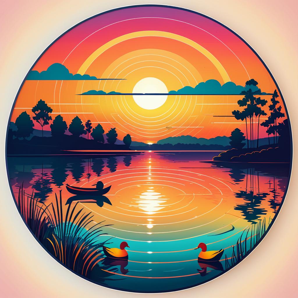 Vibrant Hand-Drawn Retro Sunset Lake Art