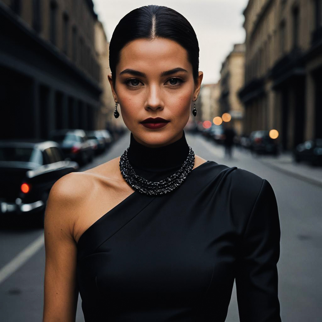 Chic Olive-Skinned Model in Black Dress