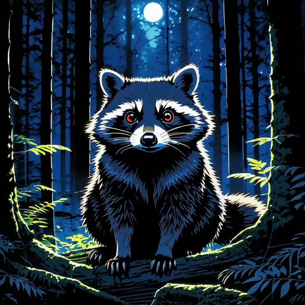 Raccoon in Glowing Eyes Forest Scene