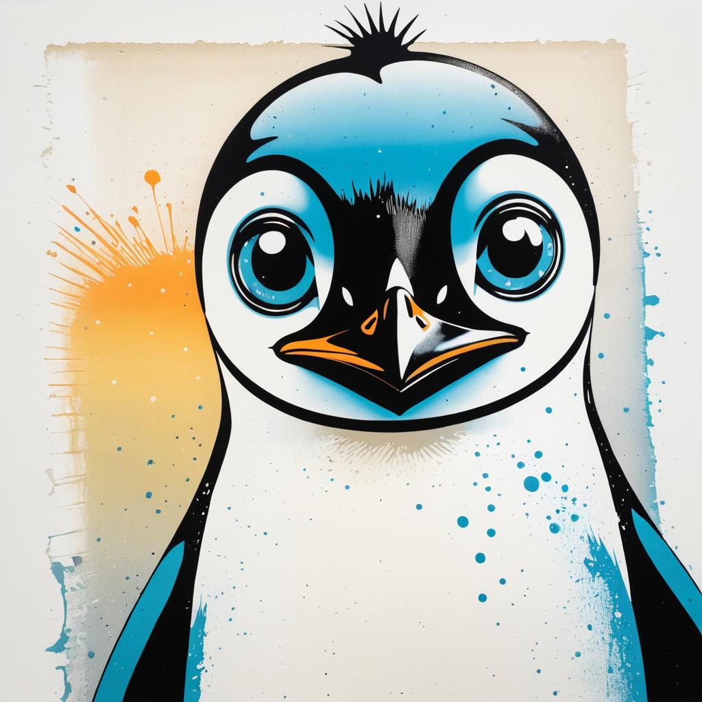 Whimsical Penguin Lithograph in Banksy Style