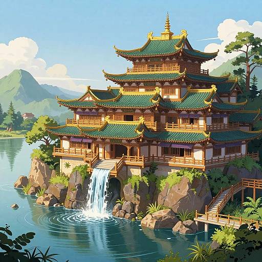 Digital illustration of a traditional Chinese pagoda-style building with green roofs, waterfall, and surrounding lush greenery by a calm lake.