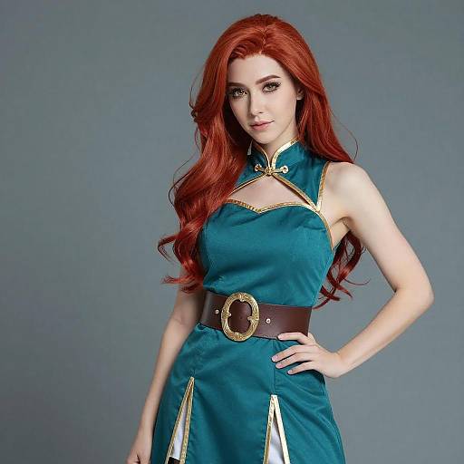 Confident Woman in Teal and Gold Cosplay