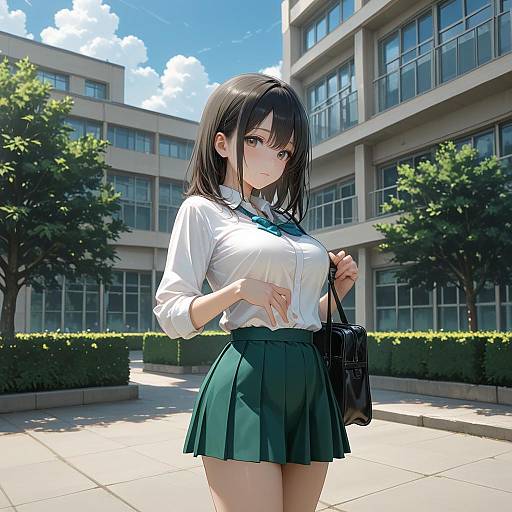 Anime Schoolgirl in Green Skirt Outdoors