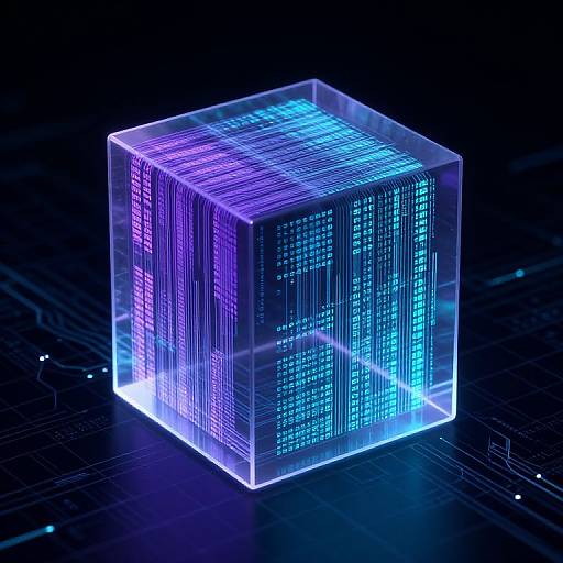 Neon-lit, transparent cube filled with vibrant blue and purple digital patterns, floating against a dark, circuit-like background. CGI artwork.