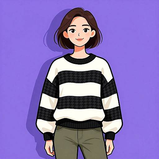 Digital illustration of a cute, smiling young woman with short brown hair, wearing a black and white striped sweater and olive green pants, against a solid purple